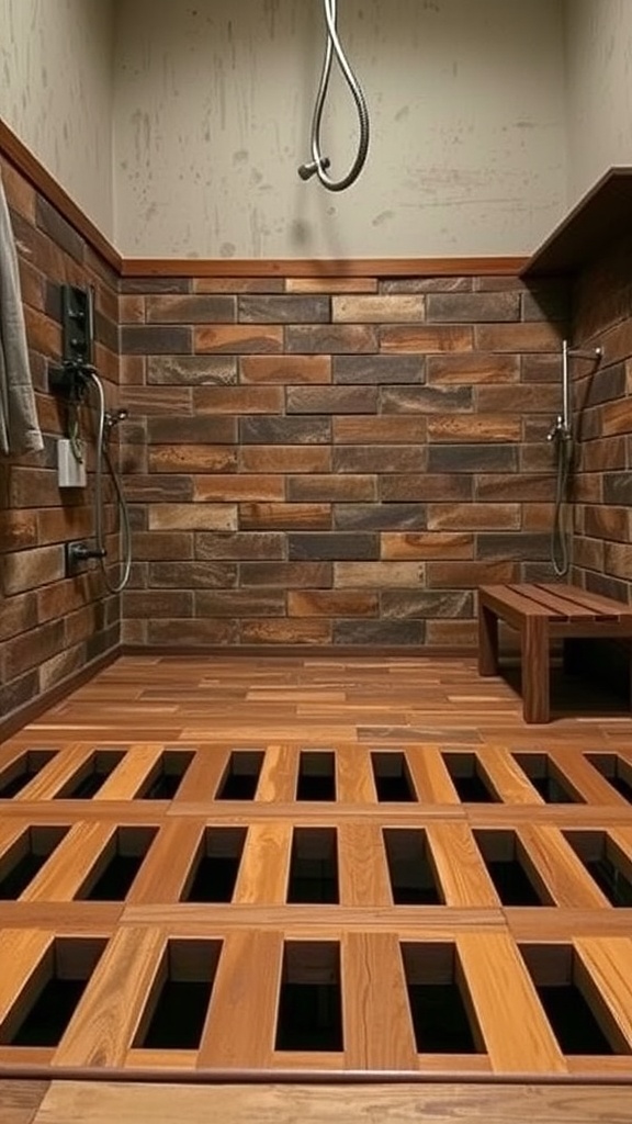 Rustic wet room with wooden floor grates and textured walls