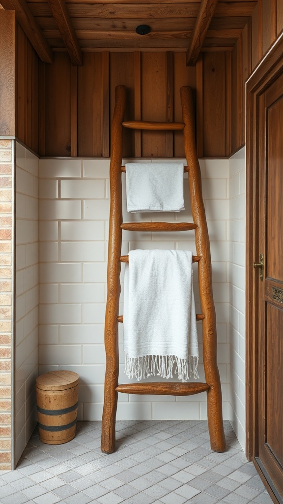 A wooden ladder with white towels hanging in a rustic wet room