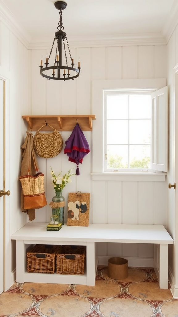 Entryway featuring wrought iron chandelier and hooks, showcasing a cozy atmosphere.