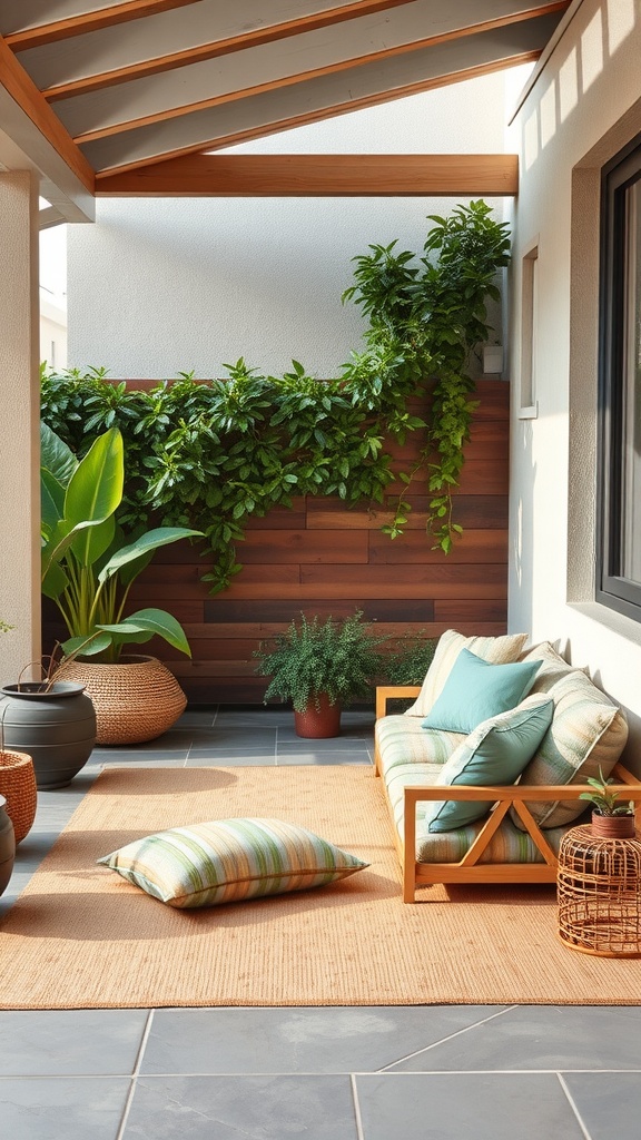 A cozy zen meditation area with cushions, a rug, and plants.