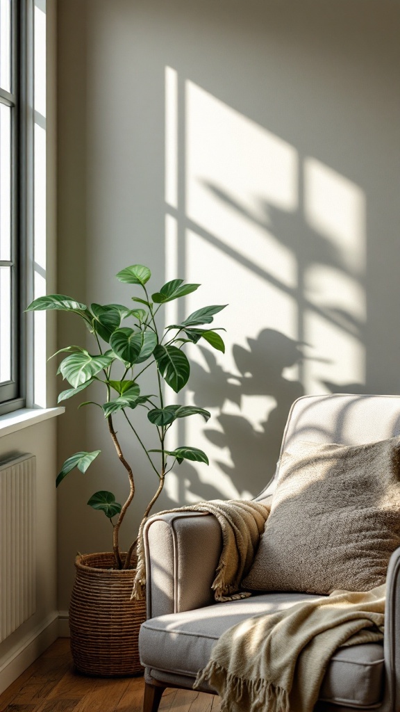 A ZZ plant in a corner of a cozy living room next to a comfortable chair and warm blanket.