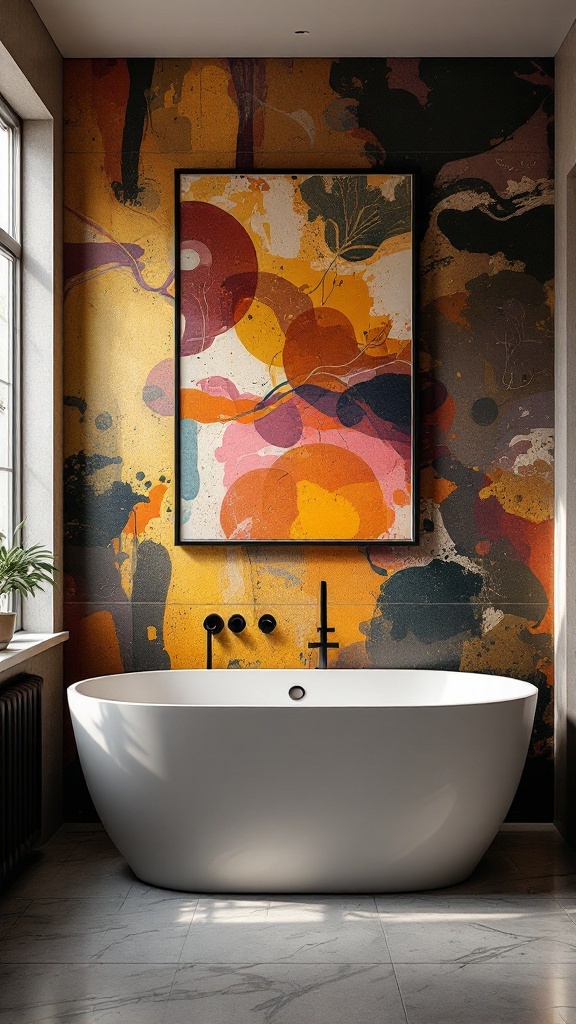 A wet room bathroom featuring a large white tub and a colorful accent wall with abstract artwork.