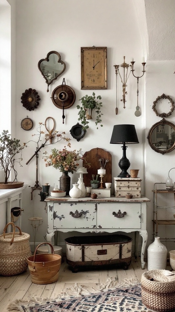 A cozy room with an antique display featuring clocks, mirrors, and decorative baskets.