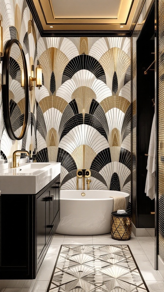 A luxurious bathroom featuring Art Deco wallpaper with bold patterns in black, white, and gold.