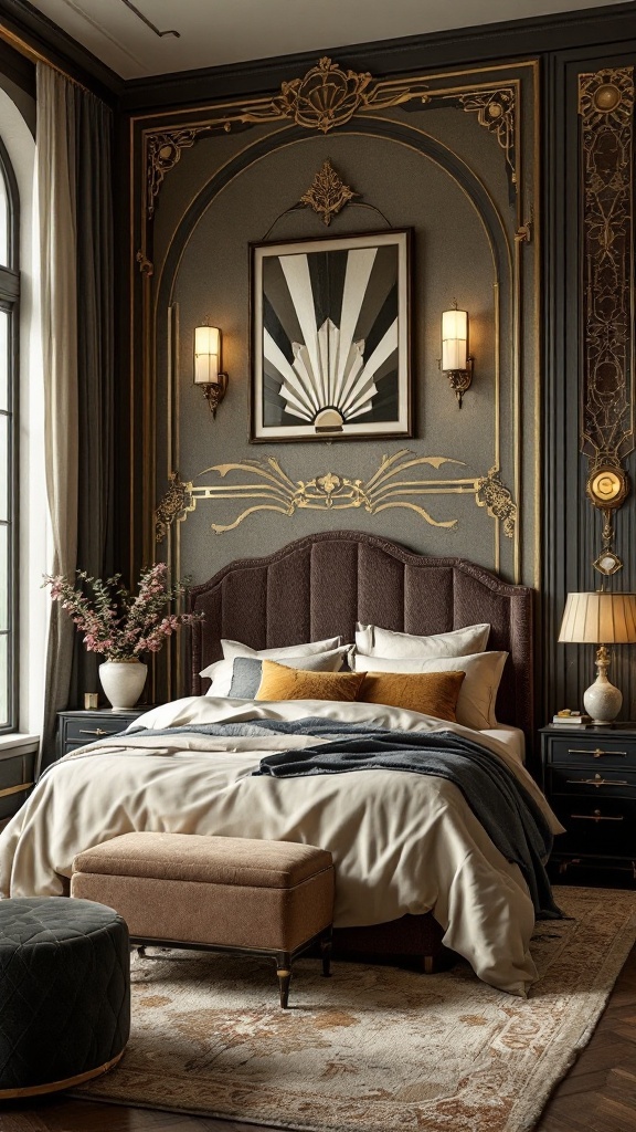 A beautifully designed bedroom featuring Art Deco elements, with elegant decor and a cozy bed.