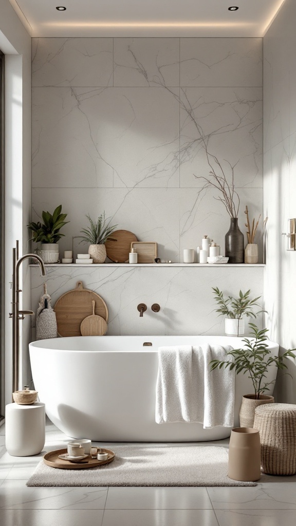 A modern wet room bathroom featuring a tub with neatly arranged bath accessories and plants.