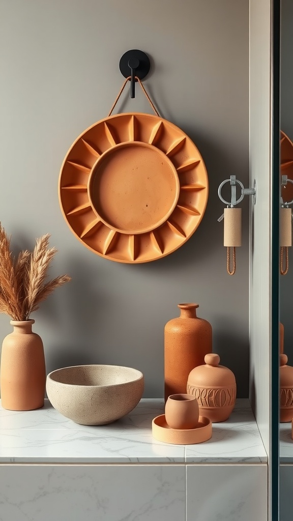 A bathroom setup featuring matte and terracotta decor elements including vases, a round mirror, and a sink.