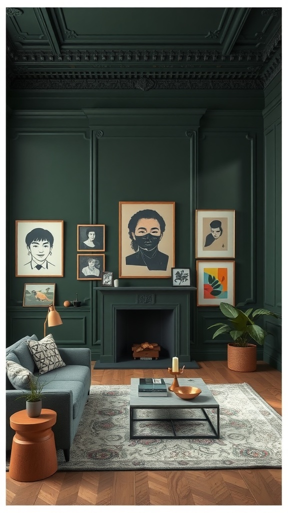 Artful living room featuring dark green walls and a gallery of framed artwork.