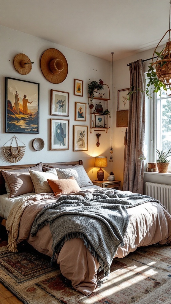 A beautifully designed bedroom featuring artisan craftsmanship with wall art, handmade decor, and cozy textiles.