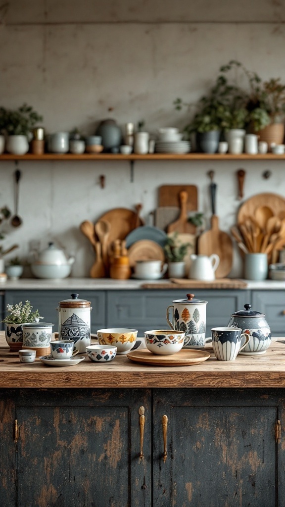 A rustic kitchen island displaying beautifully arranged artisan kitchenware including plates, bowls, and mugs.