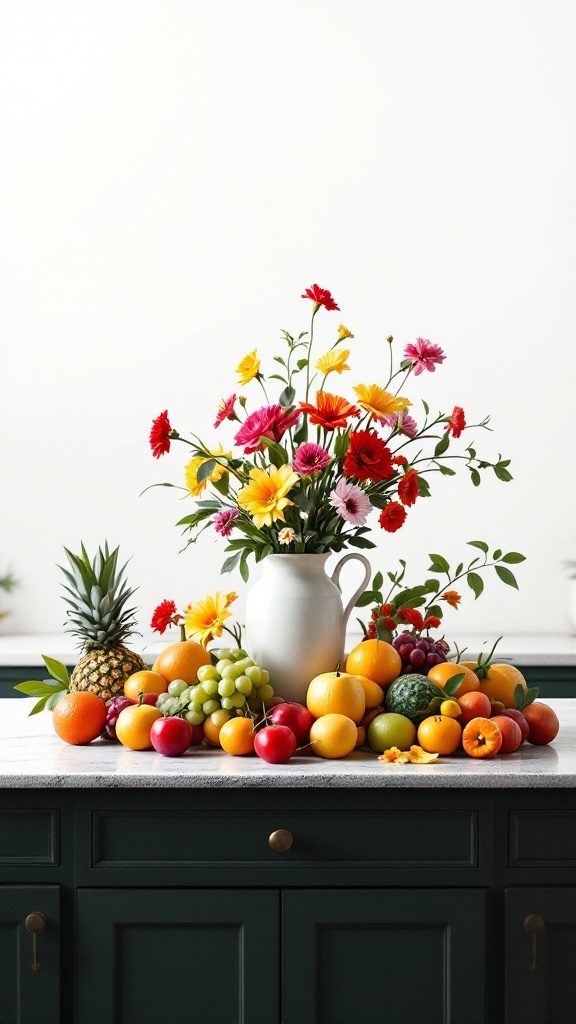 A kitchen island adorned with a colorful centerpiece featuring a pitcher of flowers surrounded by assorted fruits.