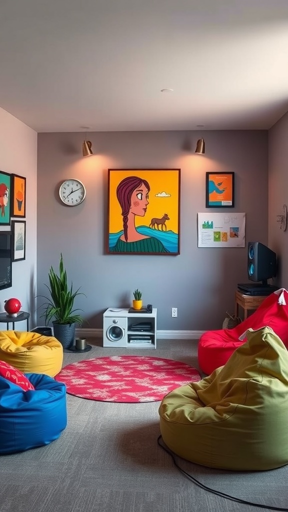 A cozy teenage boys gaming room featuring colorful bean bags, vibrant artwork, and a relaxed atmosphere.