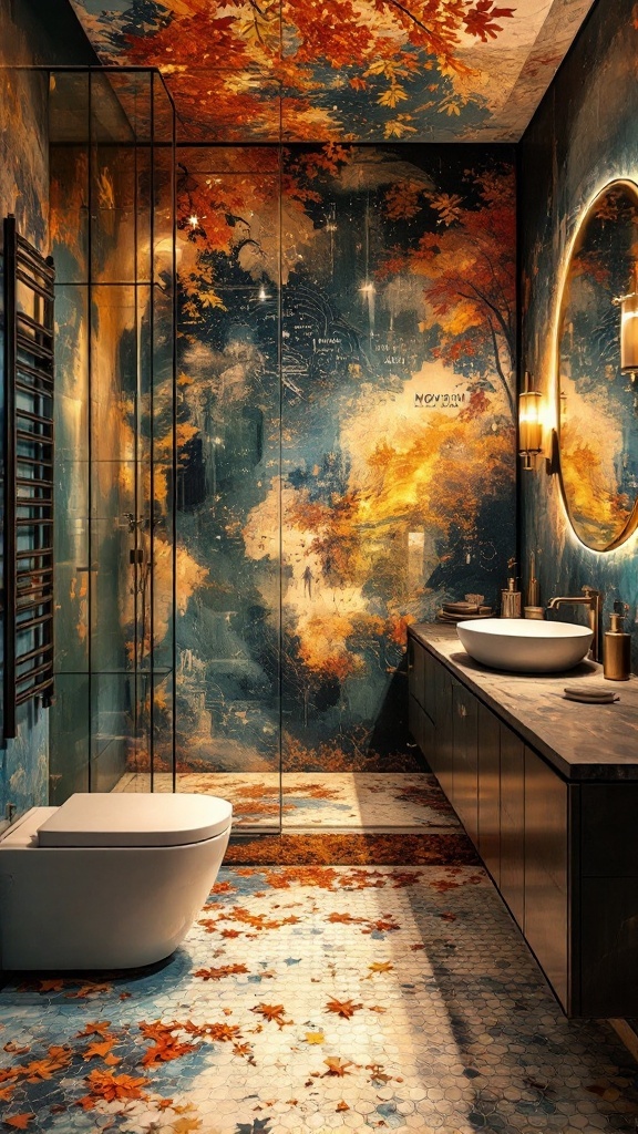 Bathroom with artistic mural featuring autumn leaves and a nature scene