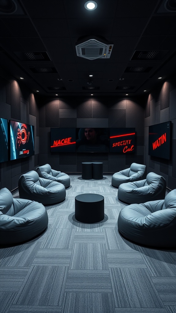 Cozy gaming room with bean bags and large screens