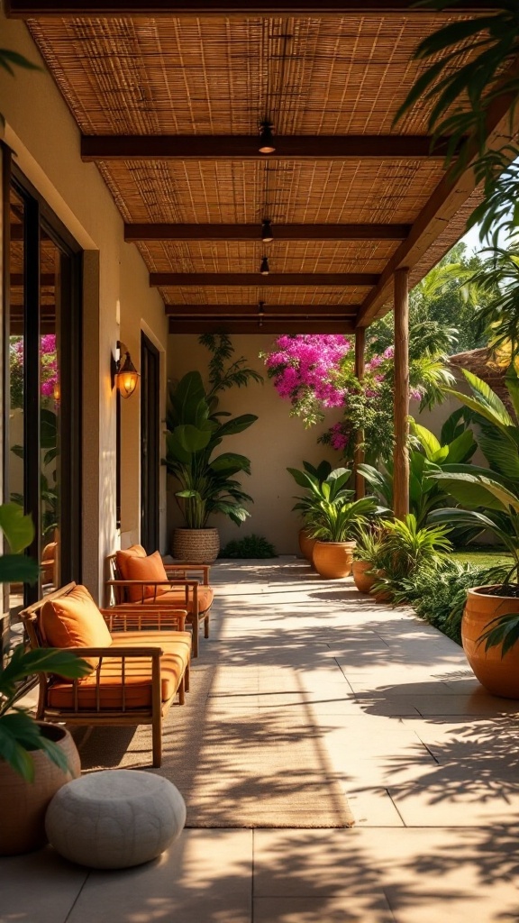 A cozy outdoor space with bamboo ceiling and vibrant plants