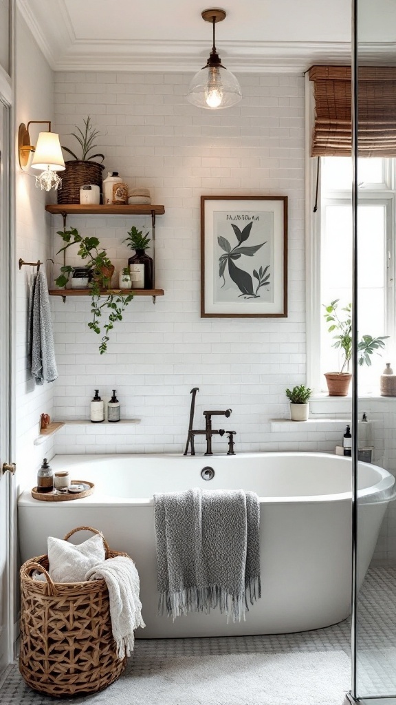 A stylish wet room bathroom featuring a tub, open shelving with plants and bath products, and cozy decor.