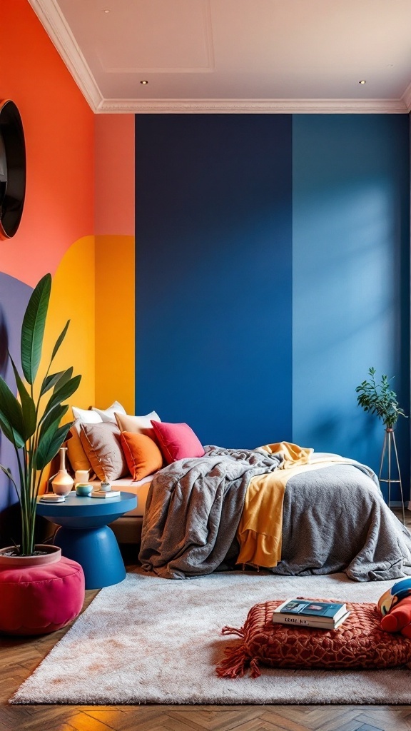 A colorful bedroom featuring bright orange, blue, and yellow walls, with stylish decor and bedding.