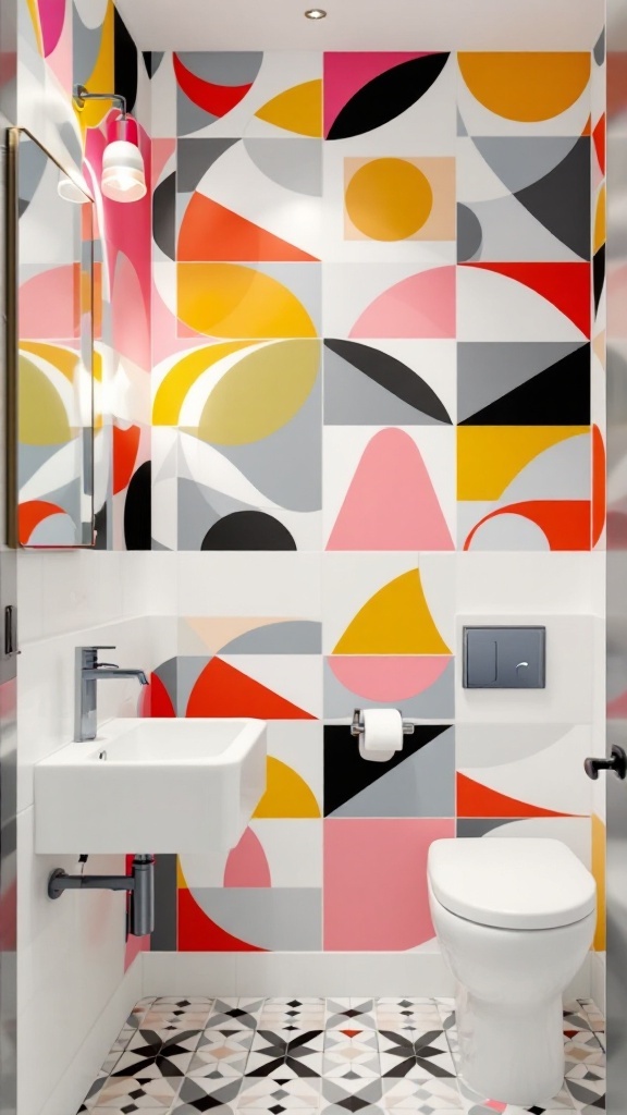 A bathroom featuring bold geometric wallpaper with vibrant shapes and colors.