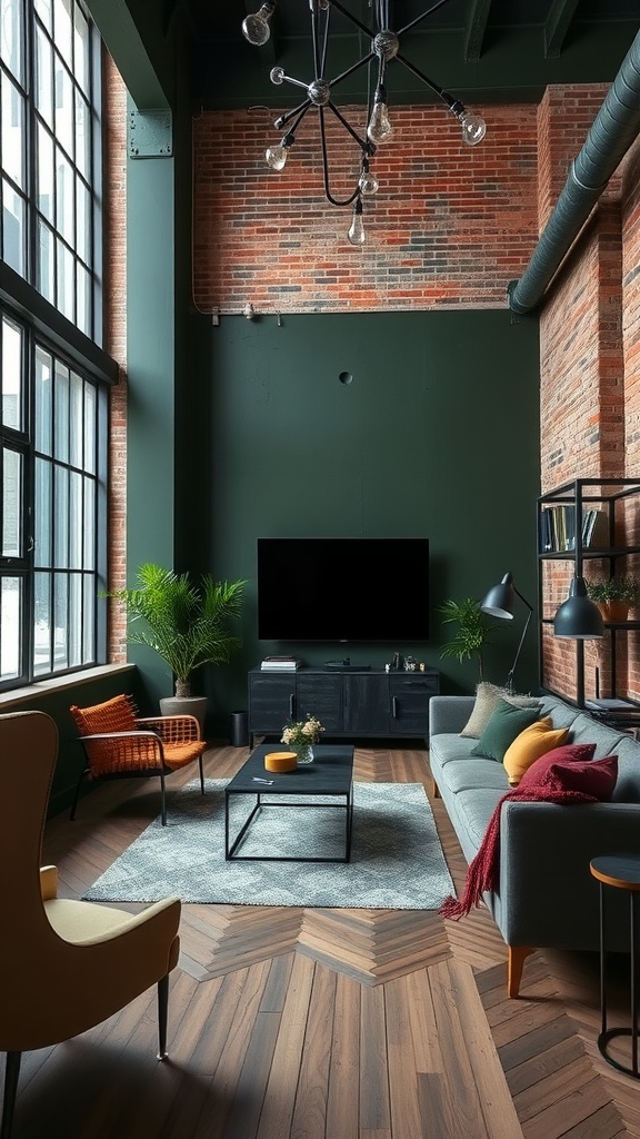 A stylish living room featuring dark green walls, industrial elements, and large windows