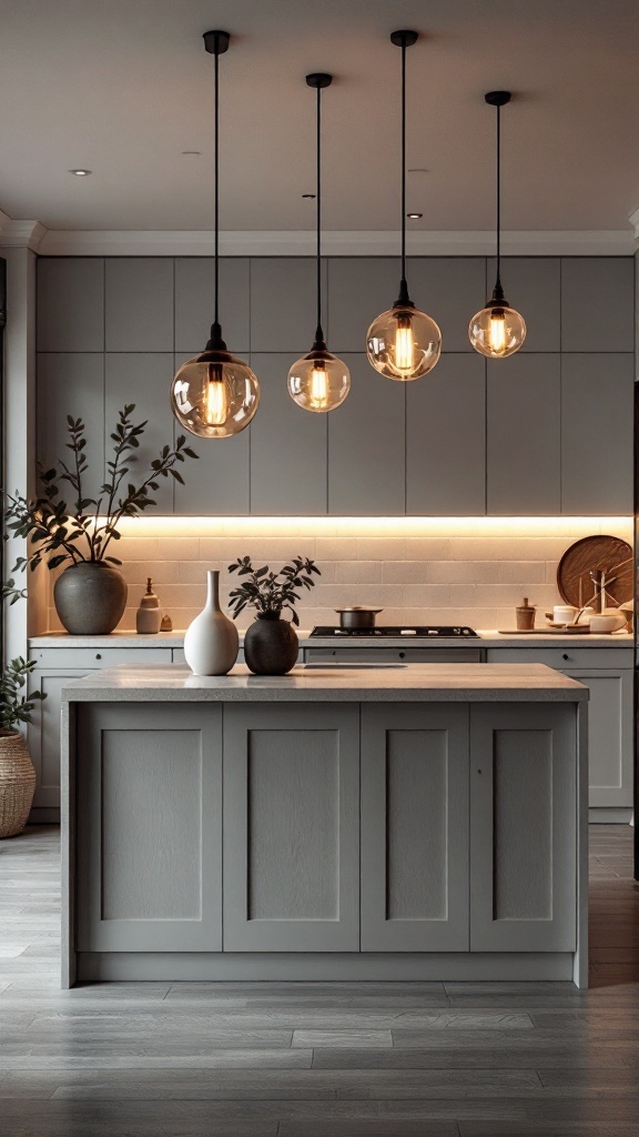 Kitchen island with bold pendant lighting and modern decor.