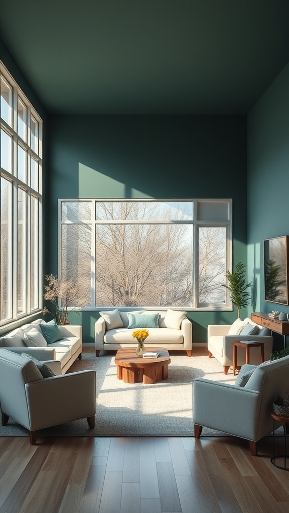 Bright and airy living room featuring dark green walls and large windows.