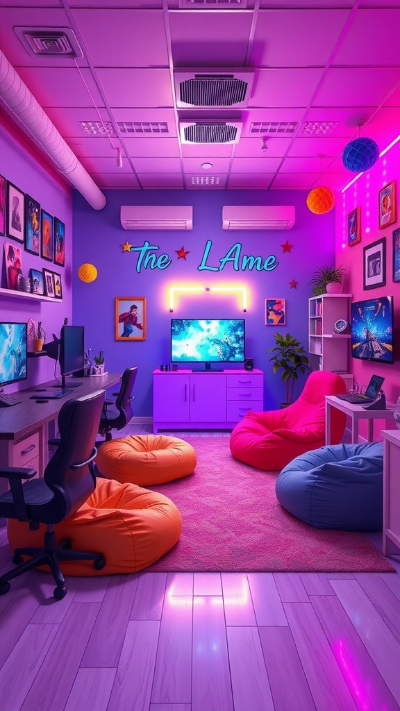 A colorful gaming room featuring bean bags, vibrant lighting, and decor.