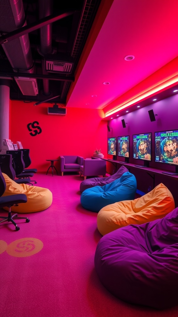 A cozy teenage gaming room with bright pink walls, colorful bean bags, and multiple screens.