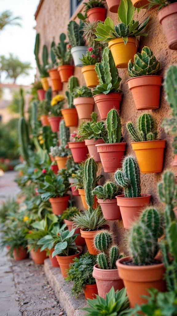 A vibrant arrangement of cacti in colorful pots on a wall.