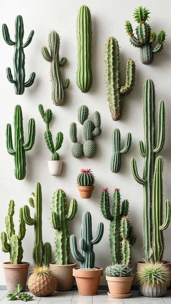 A variety of cacti arranged on a wall, showcasing different shapes and sizes.