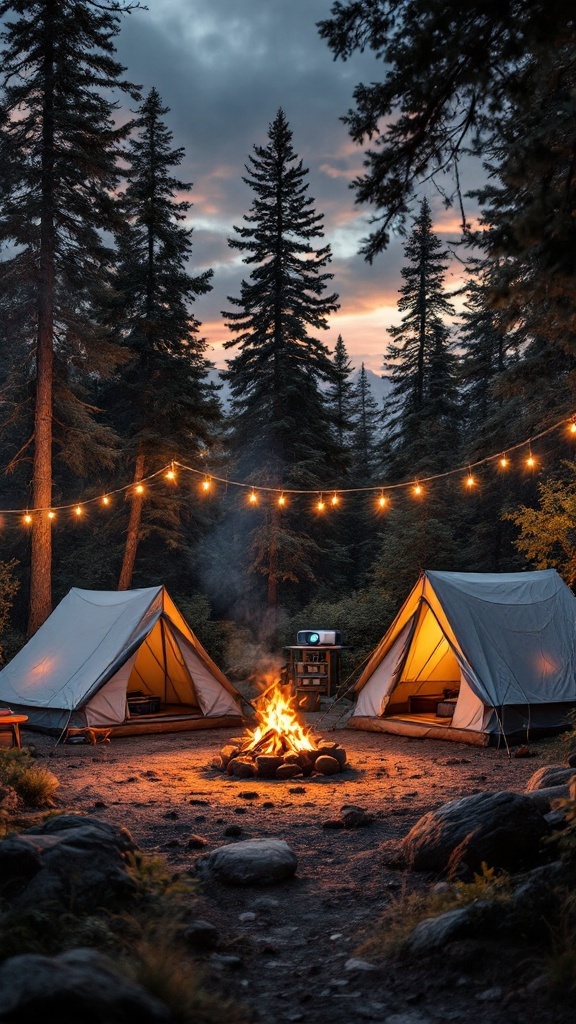 Camping-themed cinema setup with tents, a projector, and a campfire.