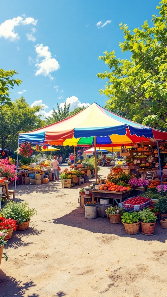 A vibrant farmstand with a colorful canopy tent providing shade and showcasing fresh produce.