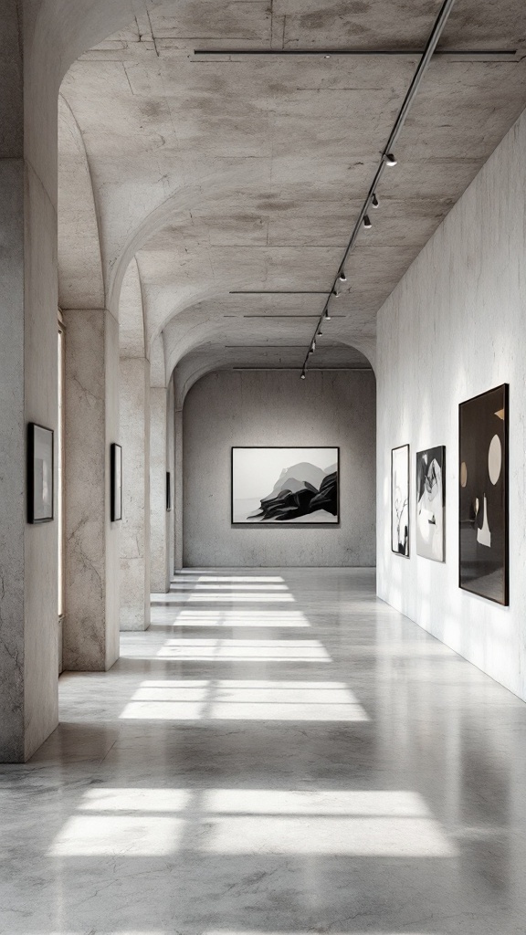 Interior view of a gallery with cement ceilings and artwork on the walls