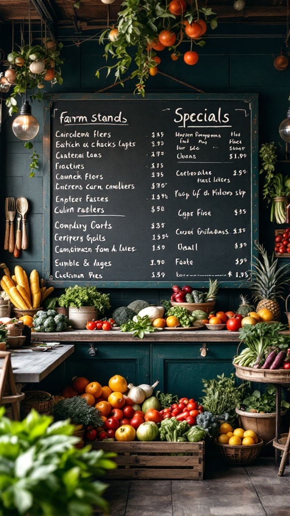 Chalkboard menu at a farmstand displaying various specials and items.