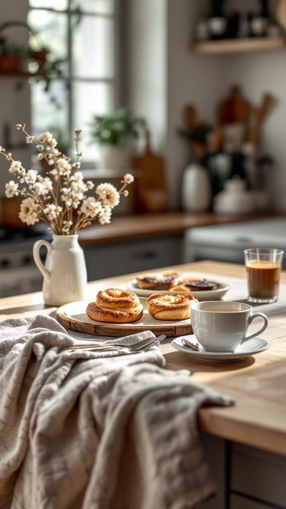 A beautifully styled kitchen island with pastries, coffee, and a floral arrangement.