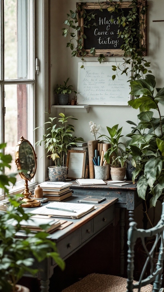 A charming writing desk surrounded by plants and vintage decor.