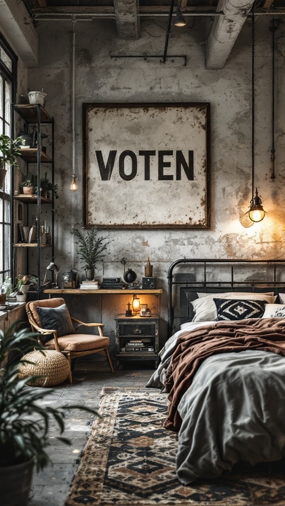 Chic industrial bedroom featuring a metal bed frame, rustic decor, and plants.