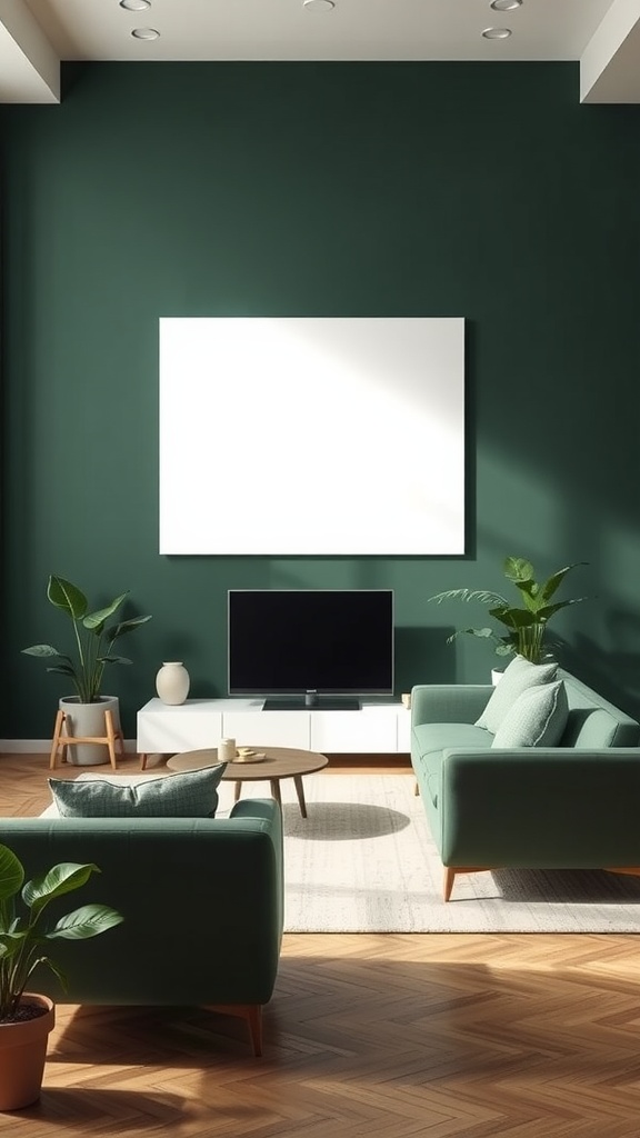 Minimalist living room featuring dark green walls, light furniture, and plants.