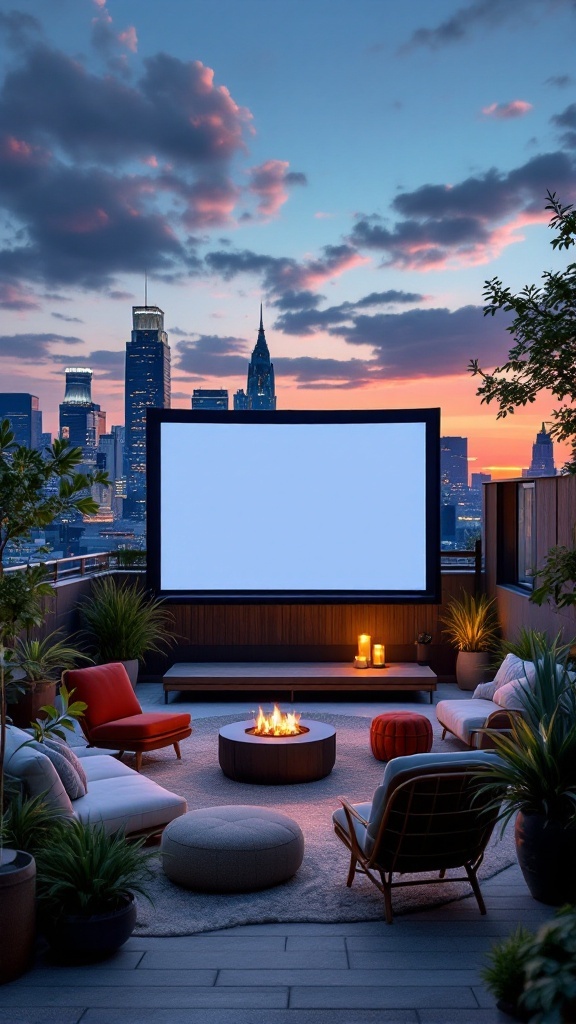 Stylish rooftop movie lounge with a large screen, cozy seating, and a city skyline view at sunset.