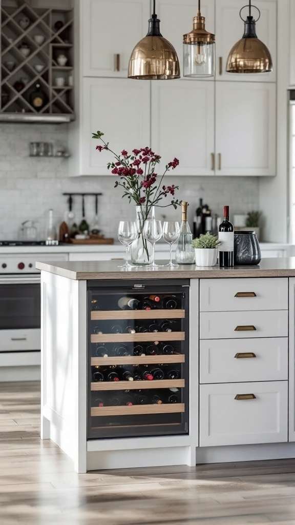 A kitchen island featuring a wine cooler, glasses, and decorative flowers.