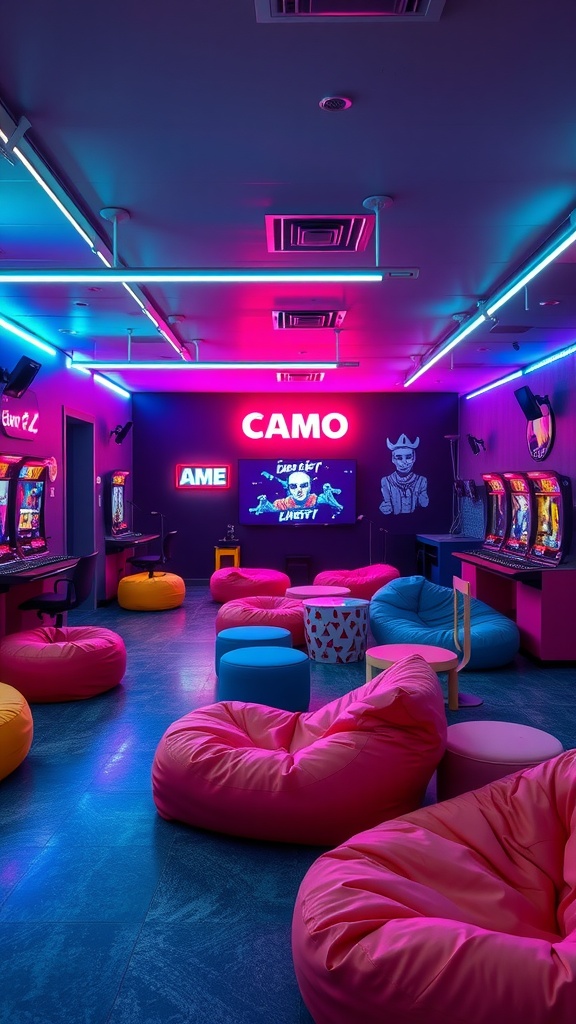 A cozy gaming room with neon lights and bean bags, featuring arcade games.