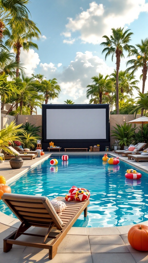 A poolside setup with a large screen for movies, surrounded by palm trees and colorful floats.