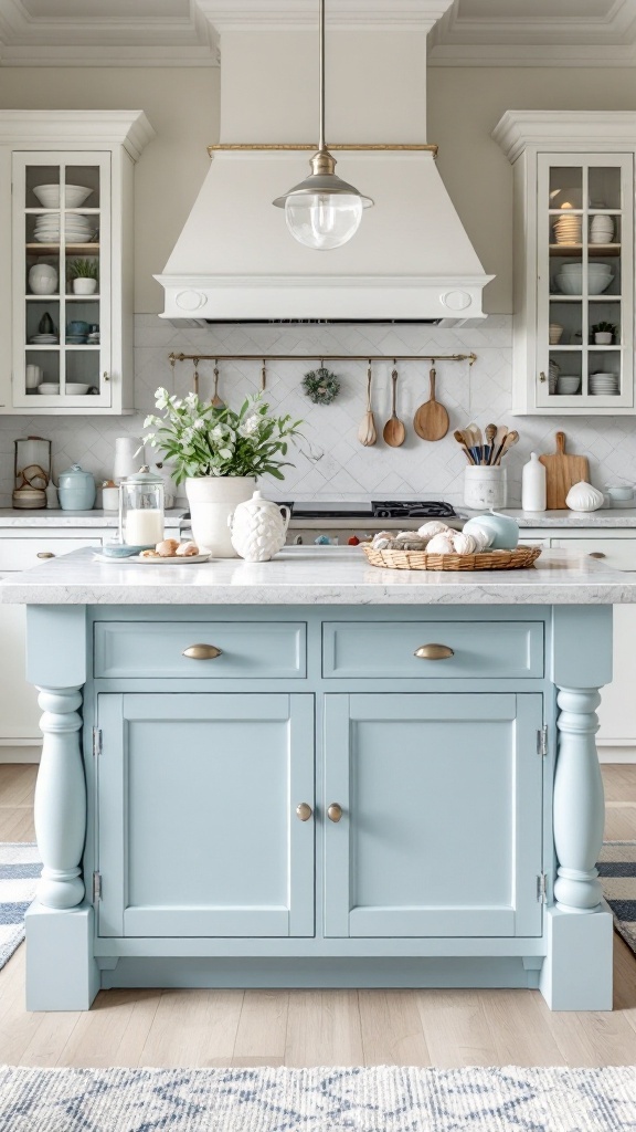 A light blue kitchen island with coastal decor elements.