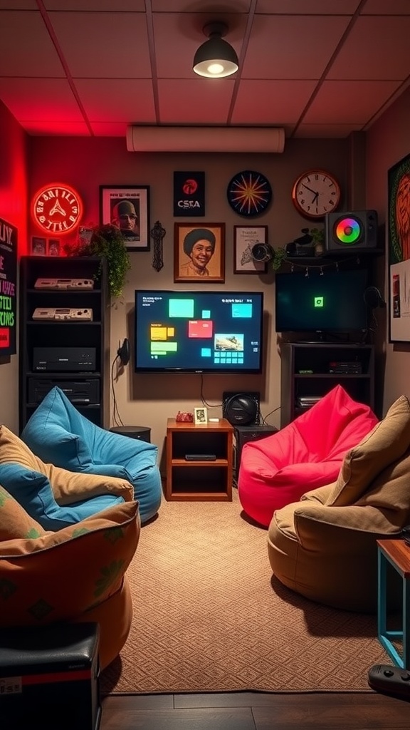 Cozy gaming room with bean bags and classic consoles