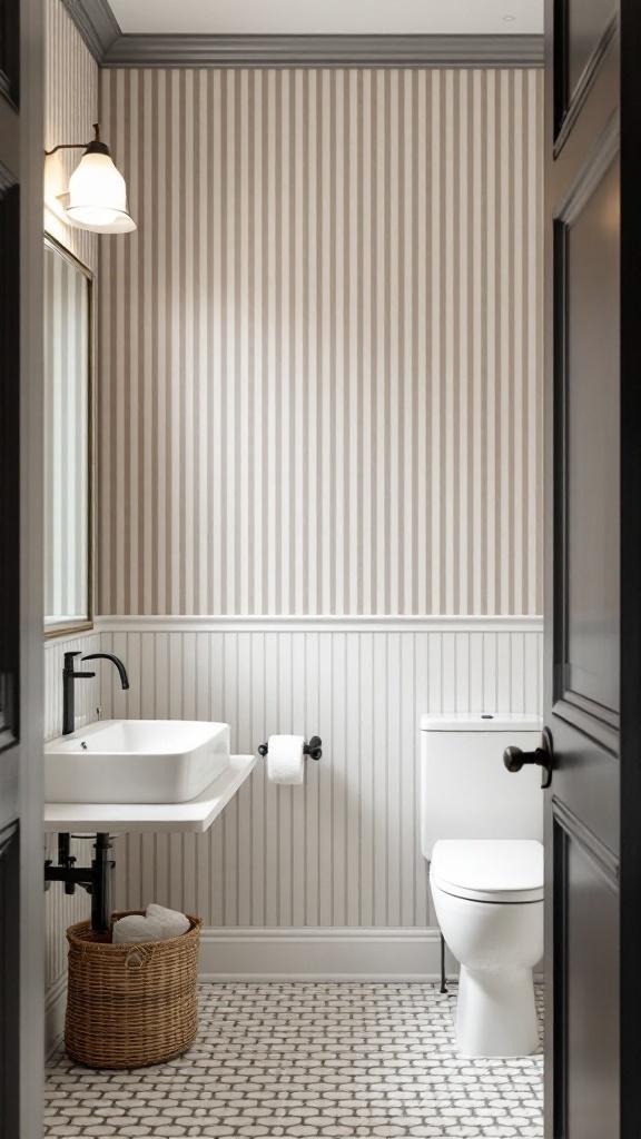 A bathroom featuring classic striped wallpaper, a modern sink, and a cozy basket.