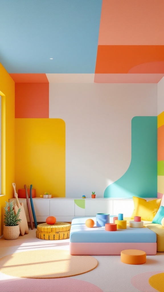 A vibrant room featuring a color-blocked ceiling with geometric patterns in blue, orange, and yellow.