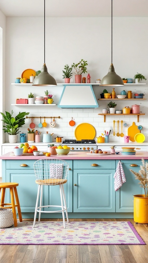 A colorful kitchen island with playful decor and vibrant dishware.