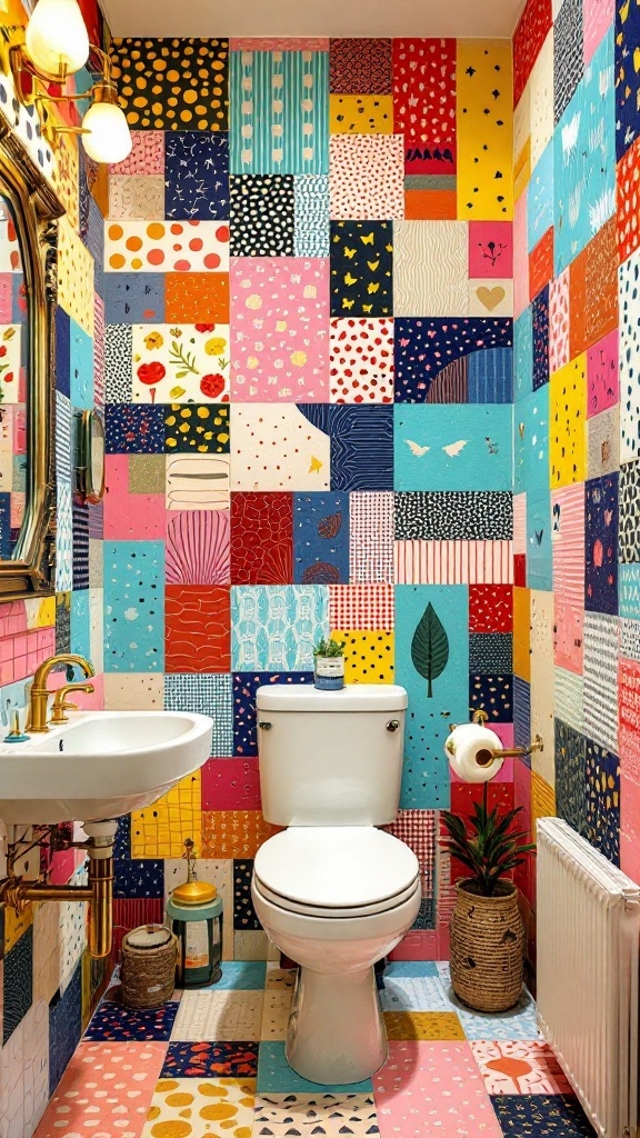 A colorful patchwork wallpaper design in a bathroom with various shapes and patterns.