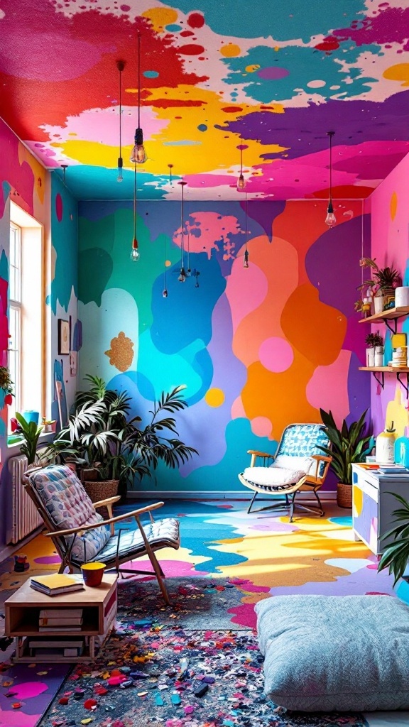 Vibrant ceiling with colorful patterns in a modern living space.