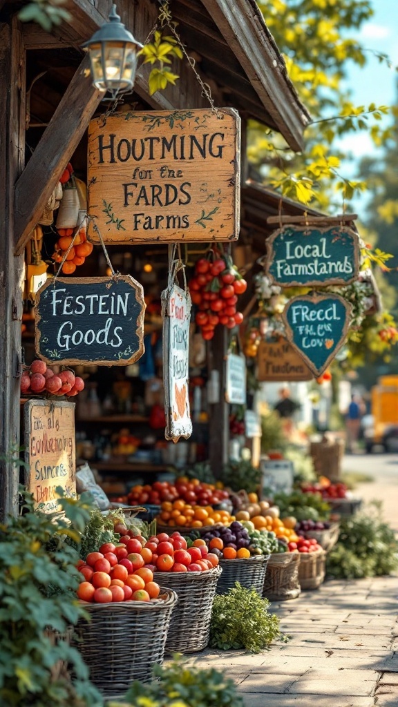 A vibrant farmstand with colorful signage and fresh produce displayed in baskets.