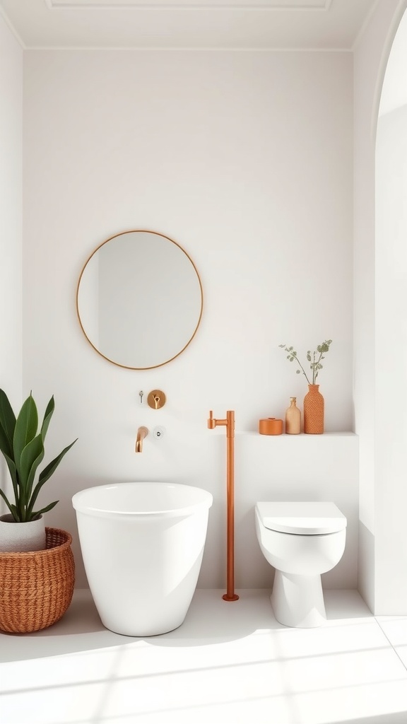 A modern bathroom featuring a matte white tub, toilet, and terracotta accents.